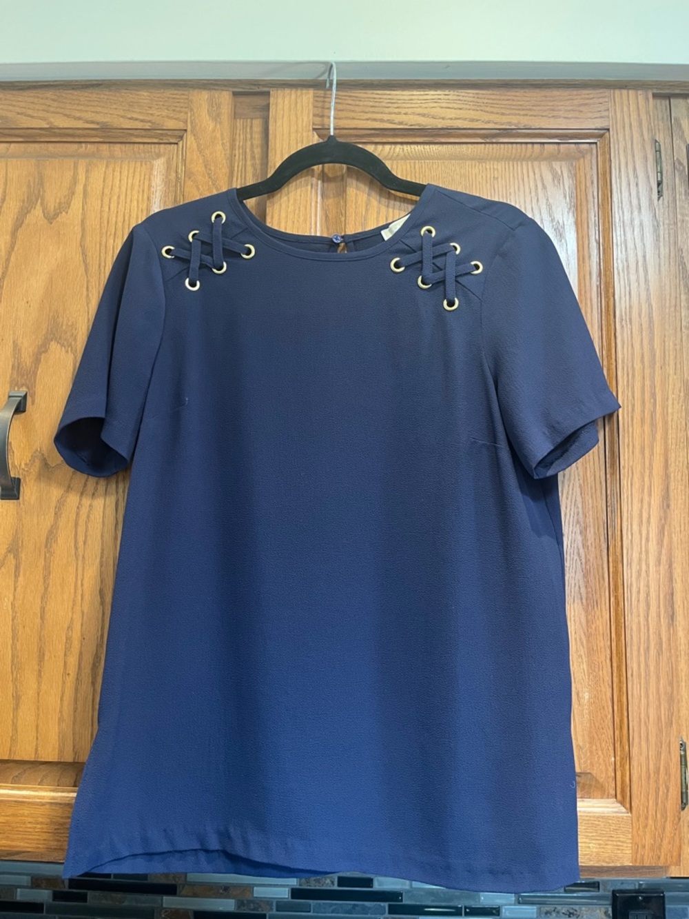 Michael Kors Navy Short-Sleeve Eyelet Lace-Up Shoulder Top